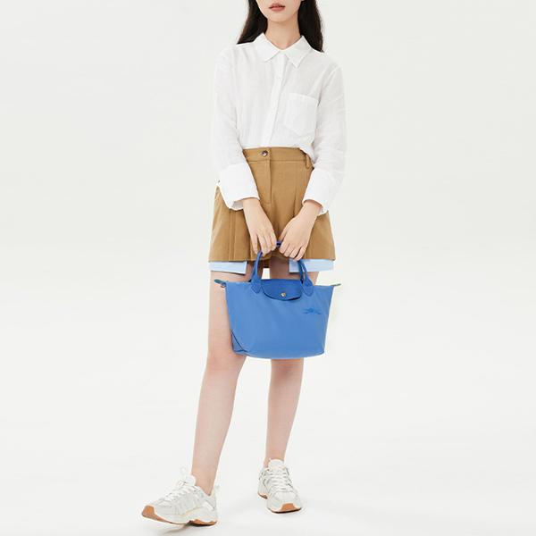 Longchamp Le Pliage Green Однотонная с кнопкой Складная отделка Холщовая сумка-тоут из переработанного материала Маленькие женские сумки-тоут Синий василек L1621919P82