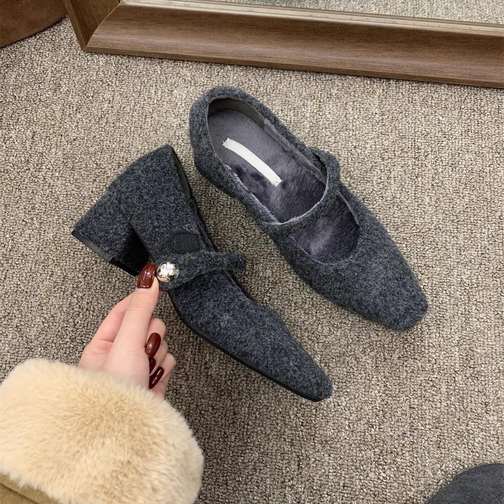 Туфли-лодочки серые с квадратной головкой и толстым каблуком женские зимние французские темпераментные бархатные вечерние туфли Мэри Джейн на высоком каблуке пушистые