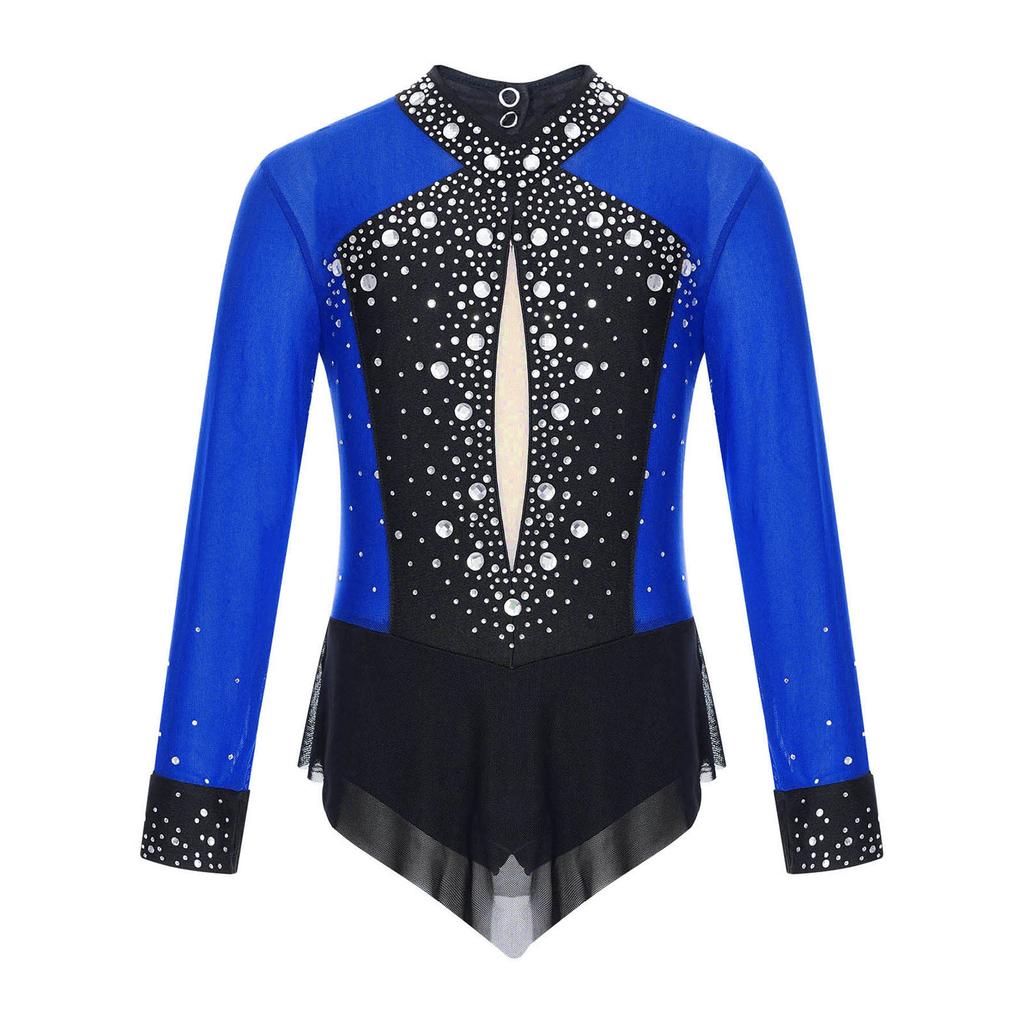 Девочки Блестящий Стразы Гимнастический Купальник Color Block Прозрачная Сетчатая Вставка Юбка Боди Фигурное Катание Танцы Гимнастика