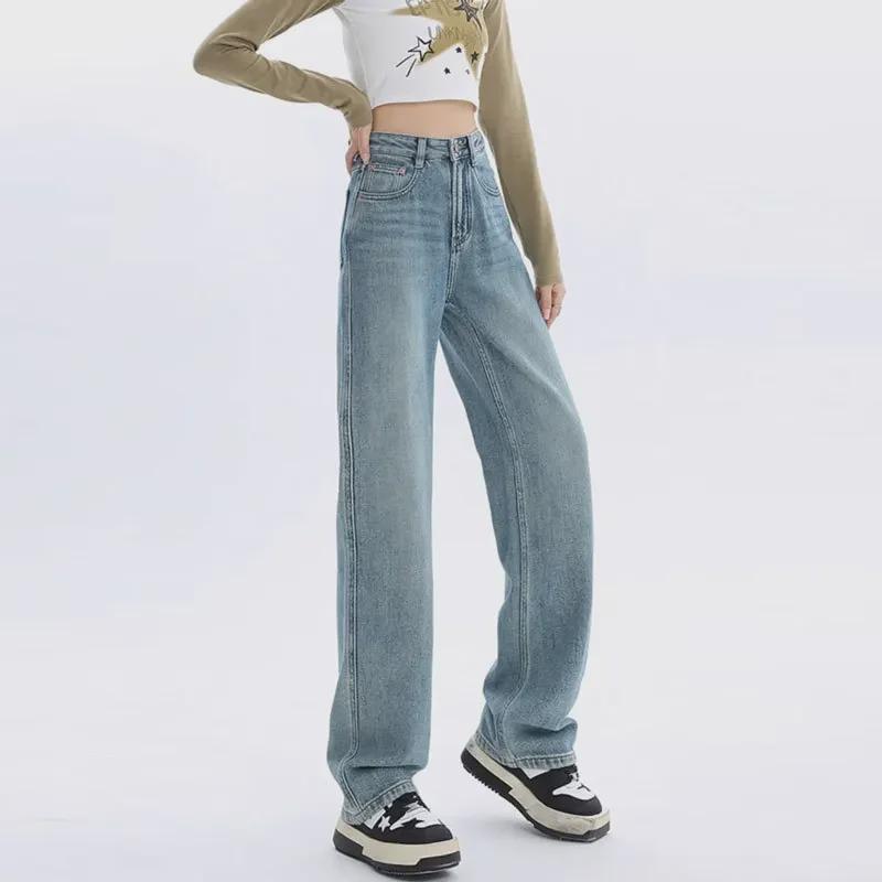 Women's Plush Wide-Leg High-Waist Warm Jeans for Autumn/Winter - Thick, Slim, Loose-Fit Long Pants.