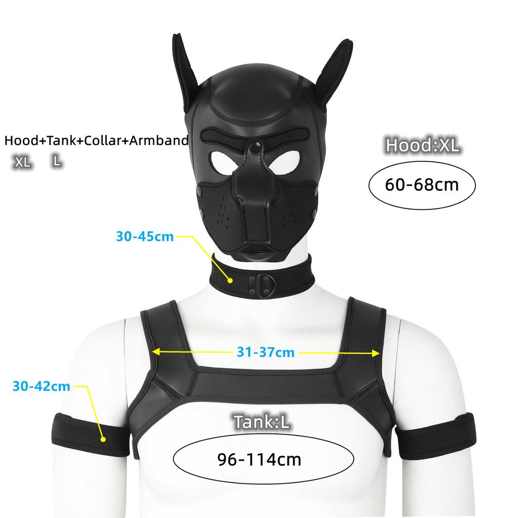 XL большой размер щенок косплей неопреновый фетиш капюшон маска комплект с нагрудным ремнем воротник повязка секс-костюмы для БДСМ роль раба
