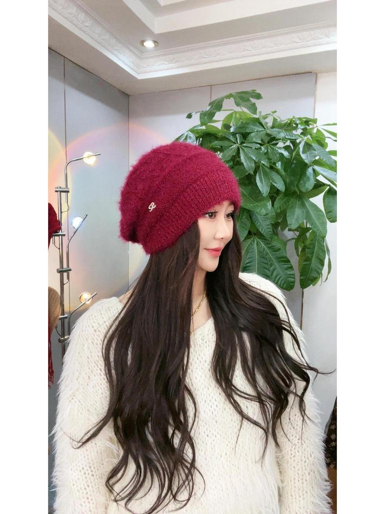 Двухслойная вязаная шерстяная шапка с большой окружностью головы и теплой подкладкой из толстого бархата