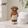 Soft Aesthetic Ornaments Highland Cow Figurine with Bathrobe, Resin Ornament, Cute Cartoon Animal Home Decorations Statue for Desk Shelf Decor & Cafe