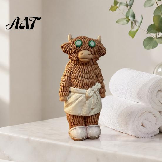 Soft Aesthetic Ornaments Highland Cow Figurine with Bathrobe, Resin Ornament, Cute Cartoon Animal Home Decorations Statue for Desk Shelf Decor & Cafe