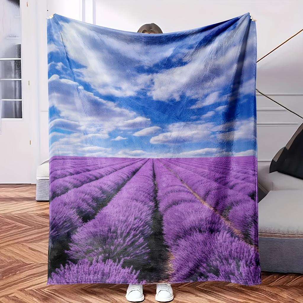 A Field of Lavender Flowers Under Blue Sky - Themed Blanket - Comfortable Flannel Fabric Hypoallergenic Suitable for All Seasons -