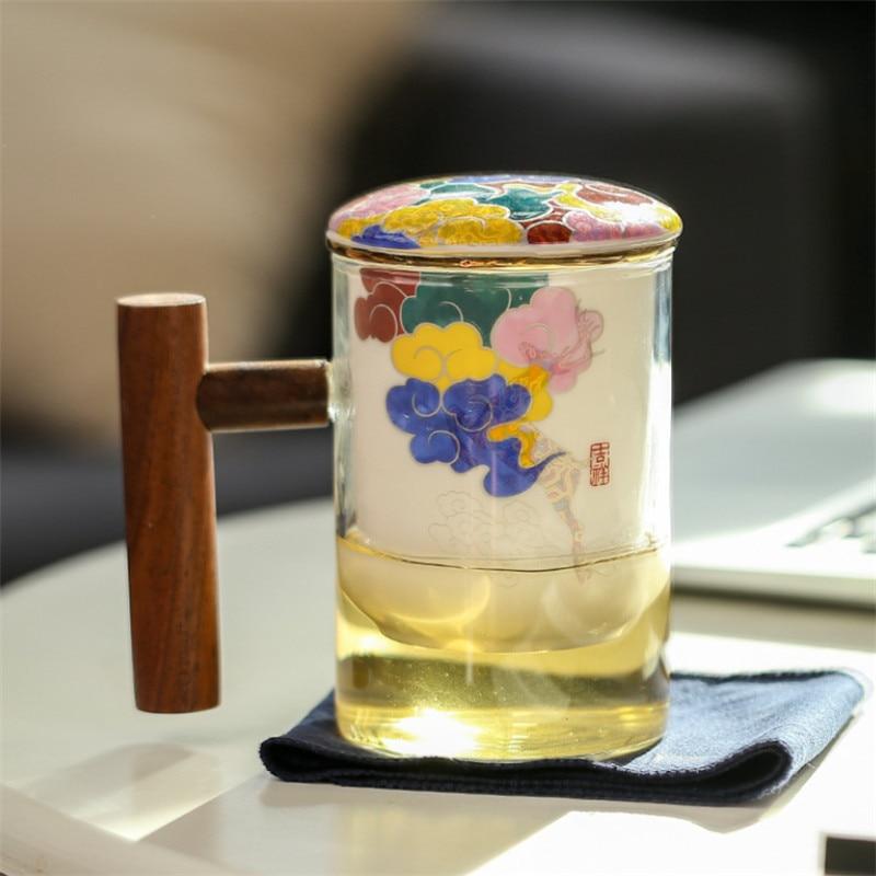 Креативная стеклянная чашка для разделения чая, керамическая чашка с фильтром, крышкой и деревянной ручкой, большая емкость, офисная кофейная кружка, посуда для напитков