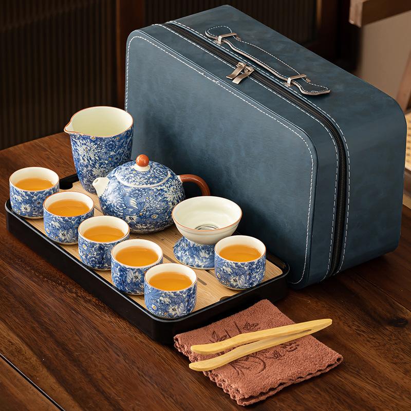 Light luxury flower Huang Ru tea set, household ceramic opening film can raise retro whole set of kung fu tea printing