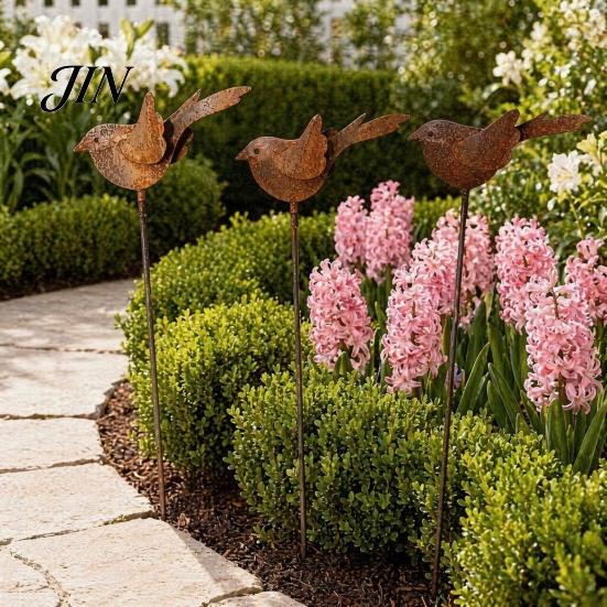 Whimsical Yard Accents 3PCS Rusty Metal Bird Ground Stake, Cute Birds Sculpture, Animals Decorative Fun Shaped Garden Art Stake for Outdoor