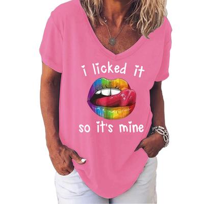 Модные весенние блузки с принтом сексуальных губ, футболки с V-образным вырезом и короткими рукавами, повседневные