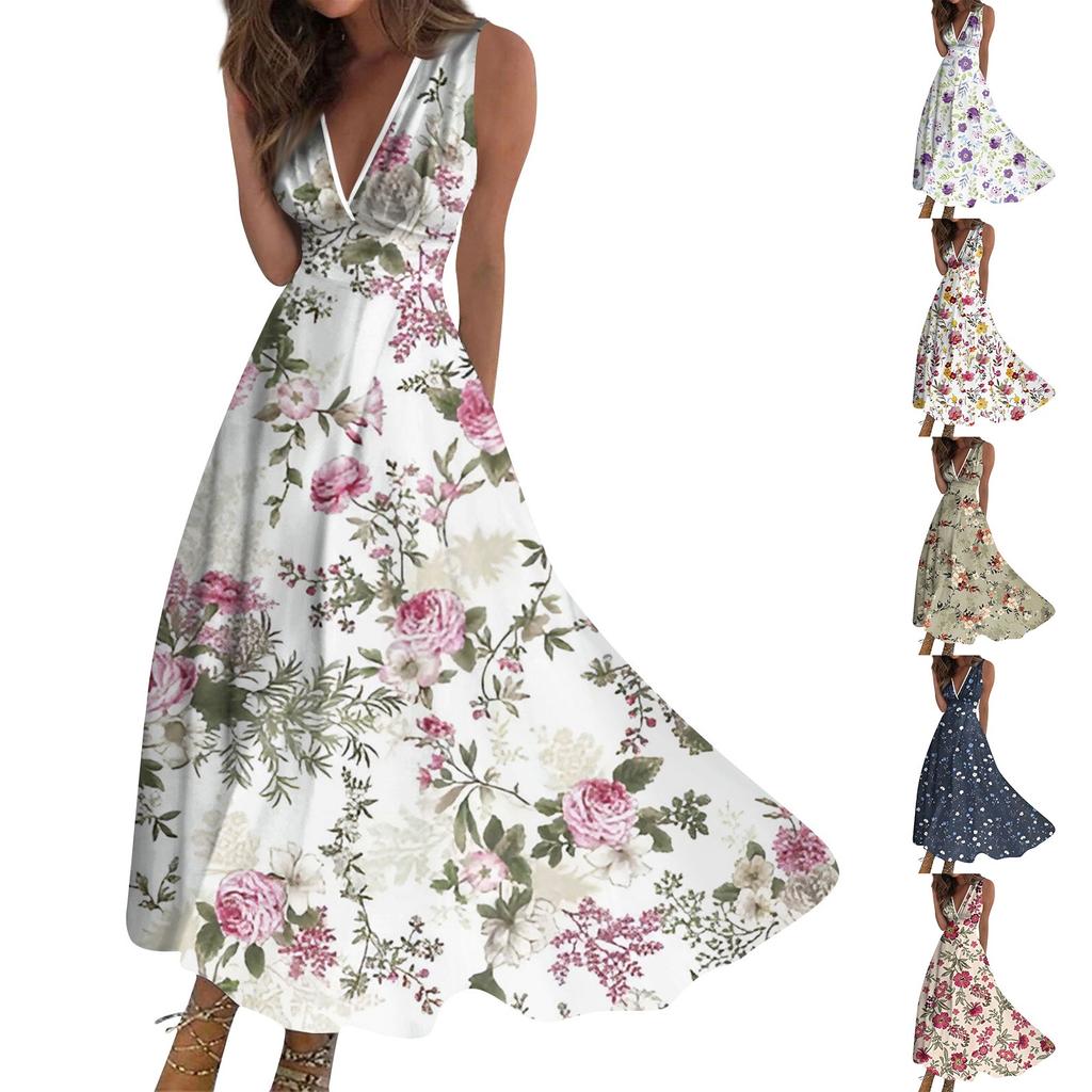 Женская мода лето маленький цветочный V-образный вырез без рукавов туника повседневные платья