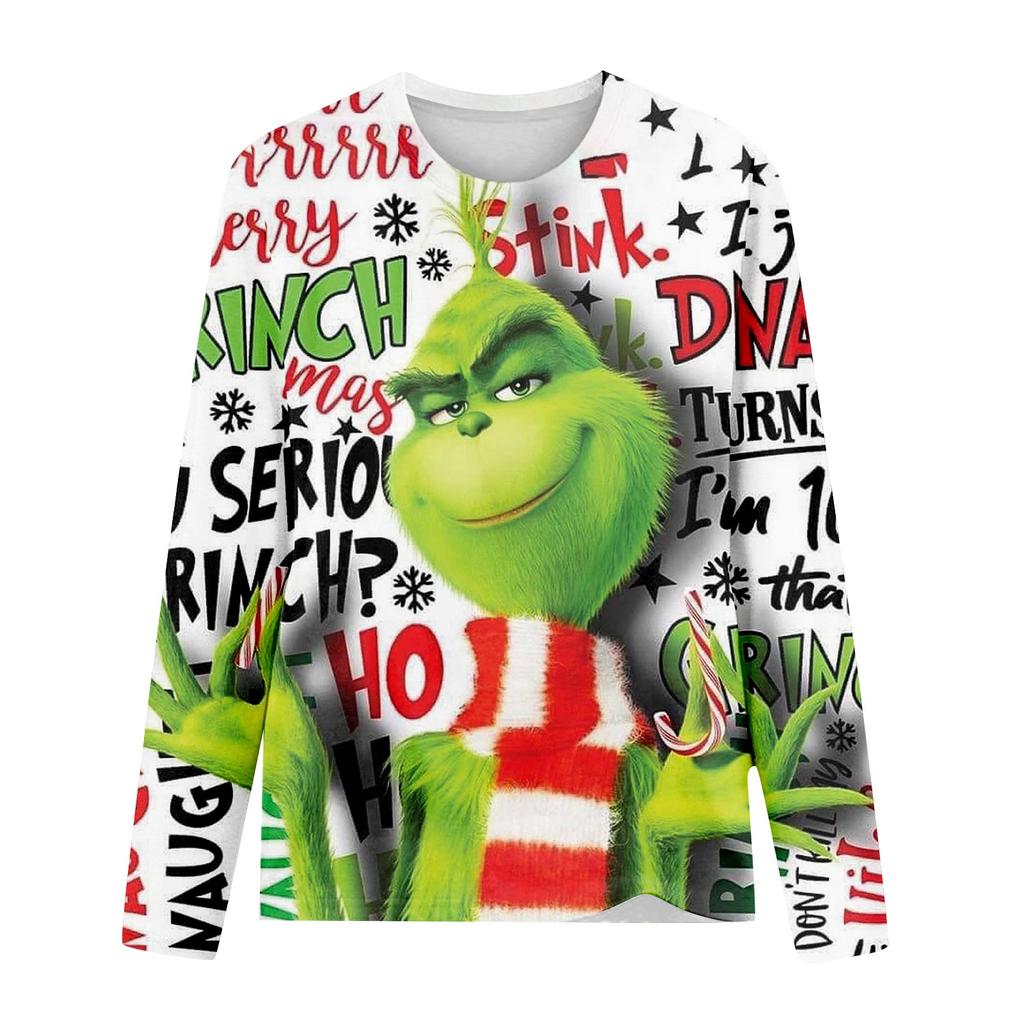 Women's Fashion Casual Long Sleeve Christmas Print Round Neck Pullover Top Blouse