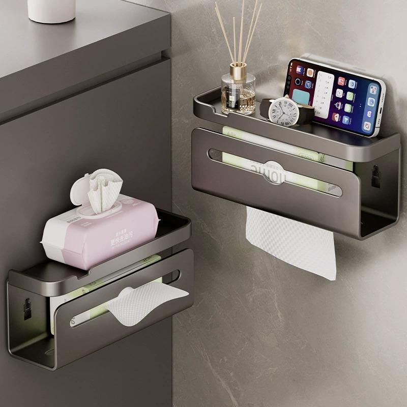 Soporte para papel higiénico montado en pared sin taladrar con estante para teléfono móvil