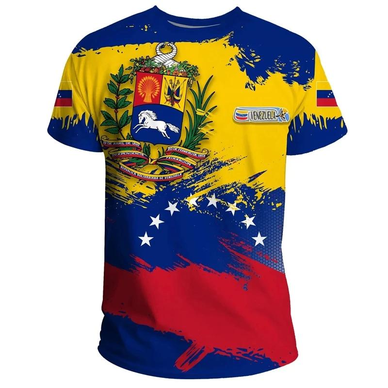 3D Men's Venezuela Printed T-Shirt - Polyester Spandex Crew Neck Machine Washable Casual Style