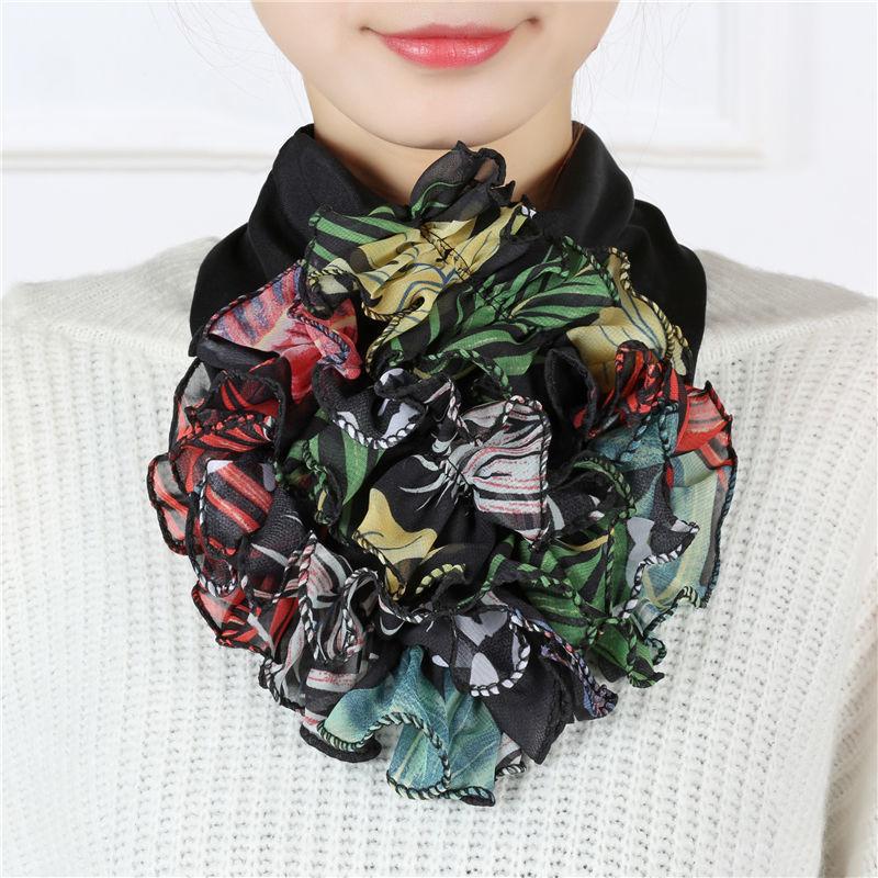 Цветной цветочный принт, шифоновый шейный платок, дышащие оборки, поддельный воротник, стильный съемный декоративный шарф