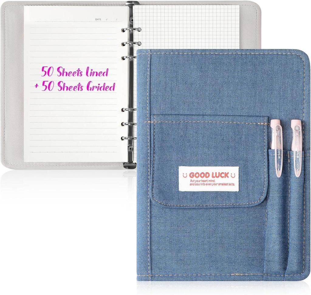 Denim Cover Notebook Binder A5 Size Y2K Kpop Loose Leaf Book With Pen Pocket 100 Sheets Line Grid DIY Diary Album