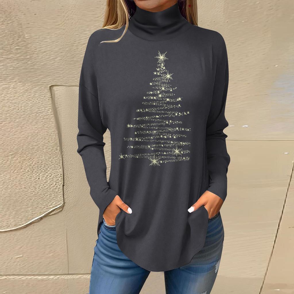 Women's Fashionable Loose-Fit High-Neck T-Shirt With Christmas Print Long-Sleeved Top