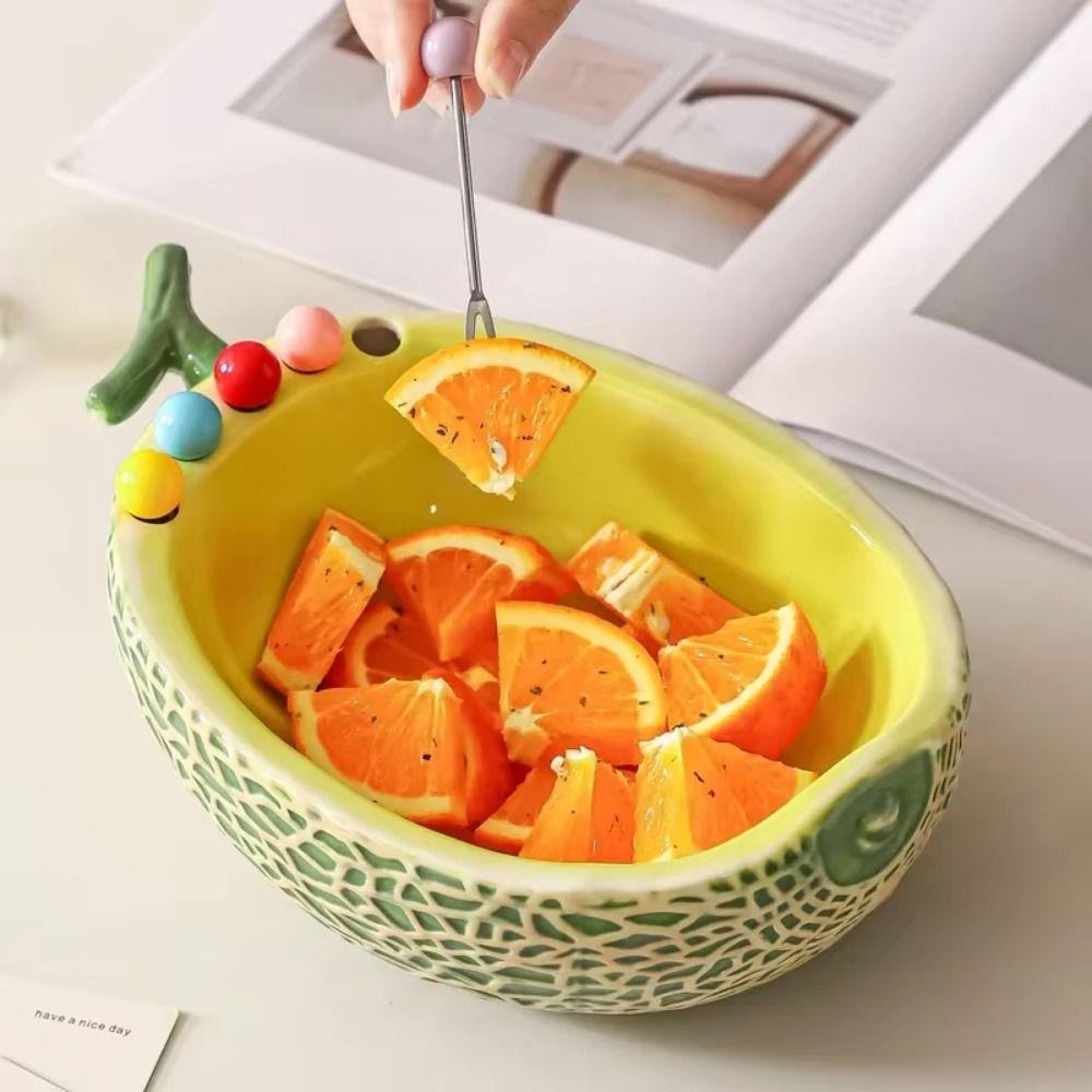 Hami Melon Shape Fruit Bowl with Fork Large Capacity Cute Toothpick with Holder Dessert Serving