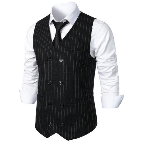 Men Suit Waistcoat V-Neck Sleeveless Striped Print Double Breasted Suit Vest with Patch Pockets Wedding Business Vest