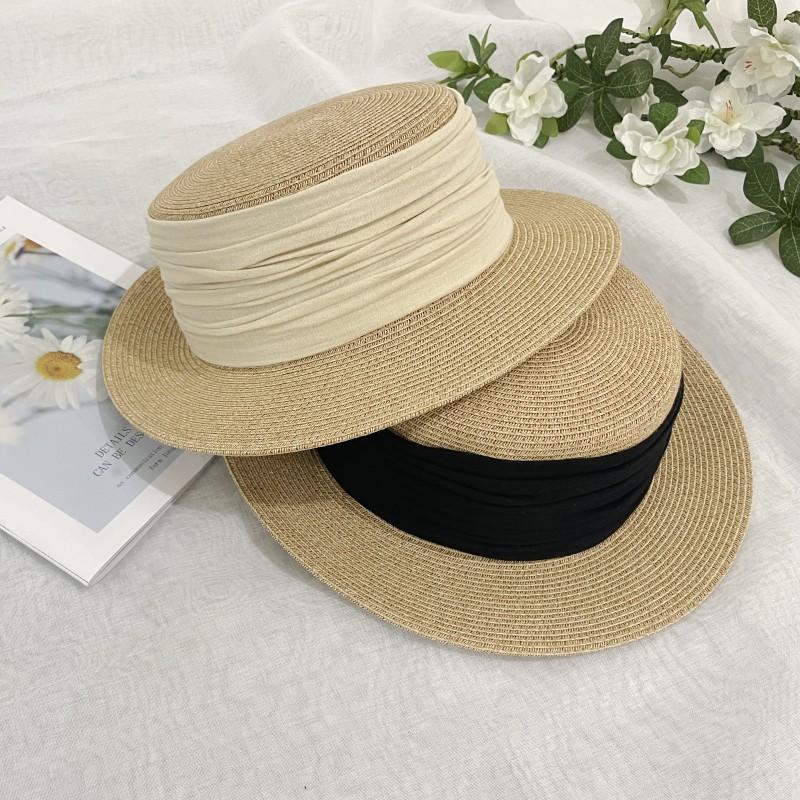 British retro straw hat women's summer casual sunshade sunscreen hat short brim pleated straw top hat flat top sun hat