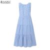 ZANZEA Women Casual Round Neck Summer Sleeveless Plaid Print Dress