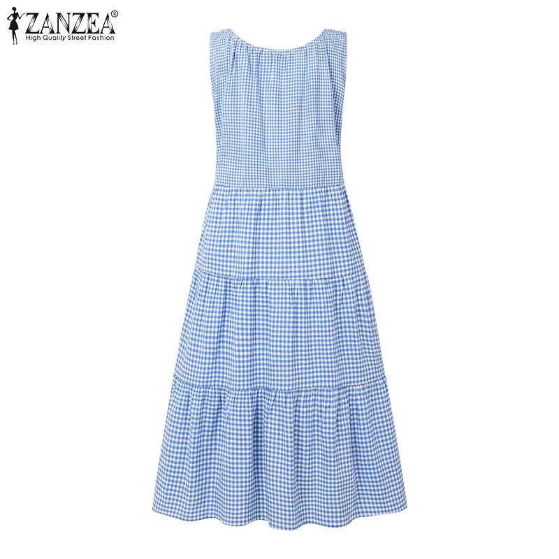 ZANZEA Women Casual Round Neck Summer Sleeveless Plaid Print Dress