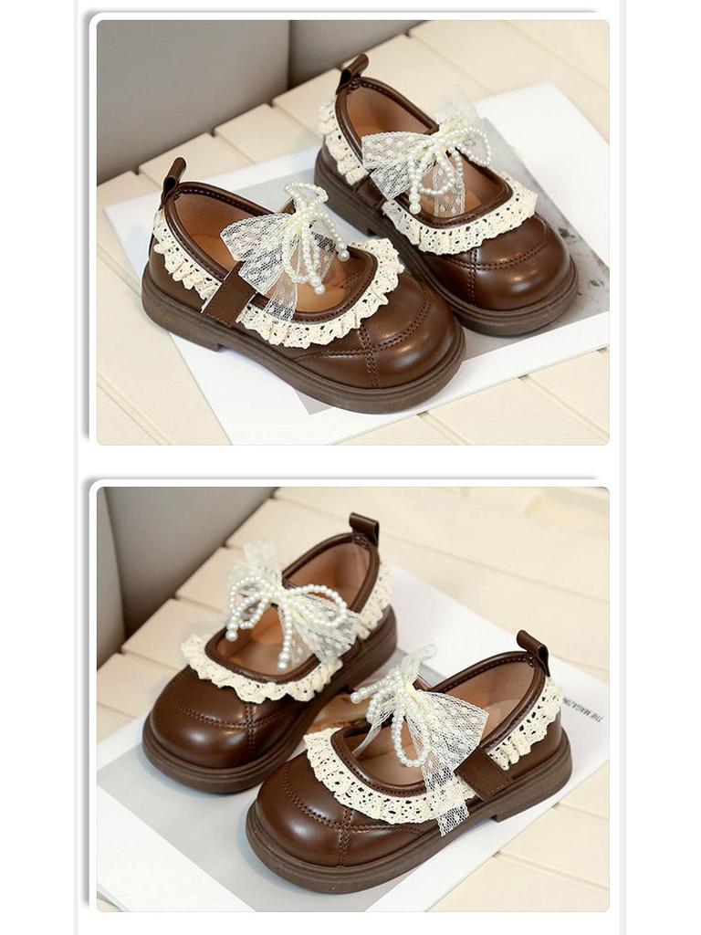 Женские кожаные туфли с кружевным бантом - Весна и Осень, Корейский стиль, Туфли для выступлений в стиле принцессы с жемчугом