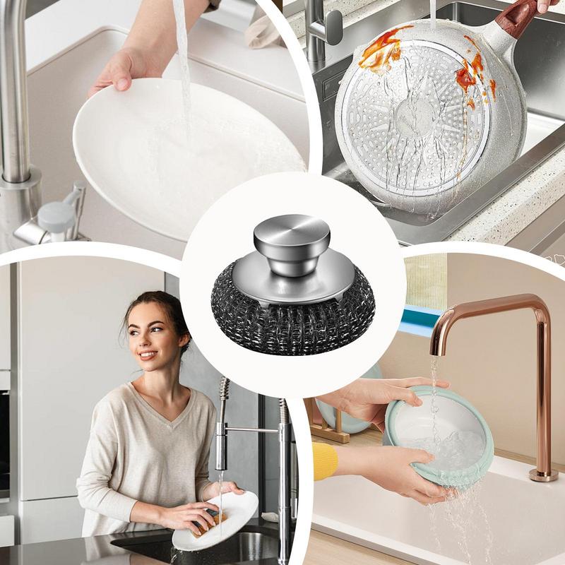 Kitchen Stainless Steel Washing Brush Metal Sponge Scrubber with Handle for Dishes Pots Pans Grills Sink Cleaning Tools