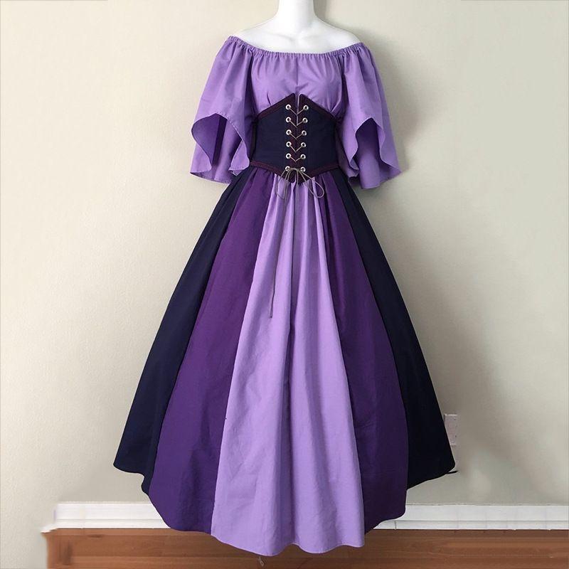 Medieval Retro Contrast Stitching Feifei Sleeve Lace-up Waist Large Skirt One-shoulder Dress Dress Women