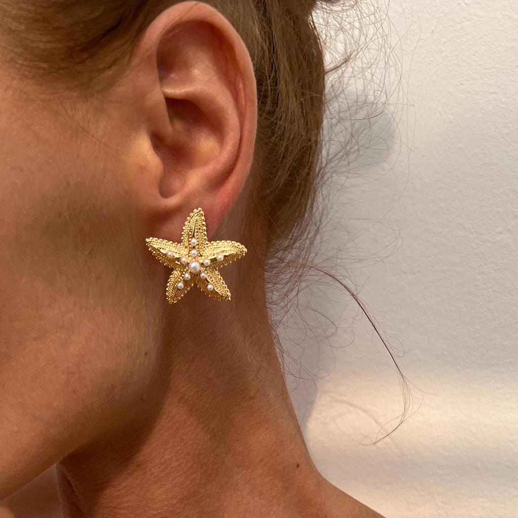 LATS Trendy Simulated Starfish Stud Earrings for Women Exquisite Colored Rhinestones Summer Beach Daily Jewelry