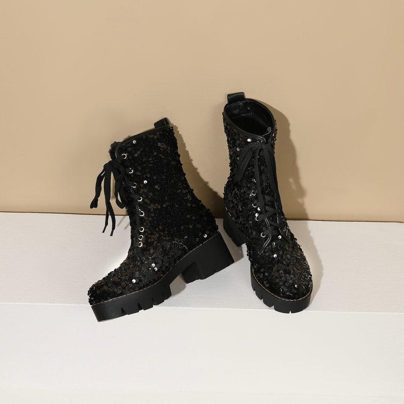 Sequins Glitter Party Goth Shoes For Women Shiny Lace-up Platform Chunky Heels Ankle Boots Wedding Shoes