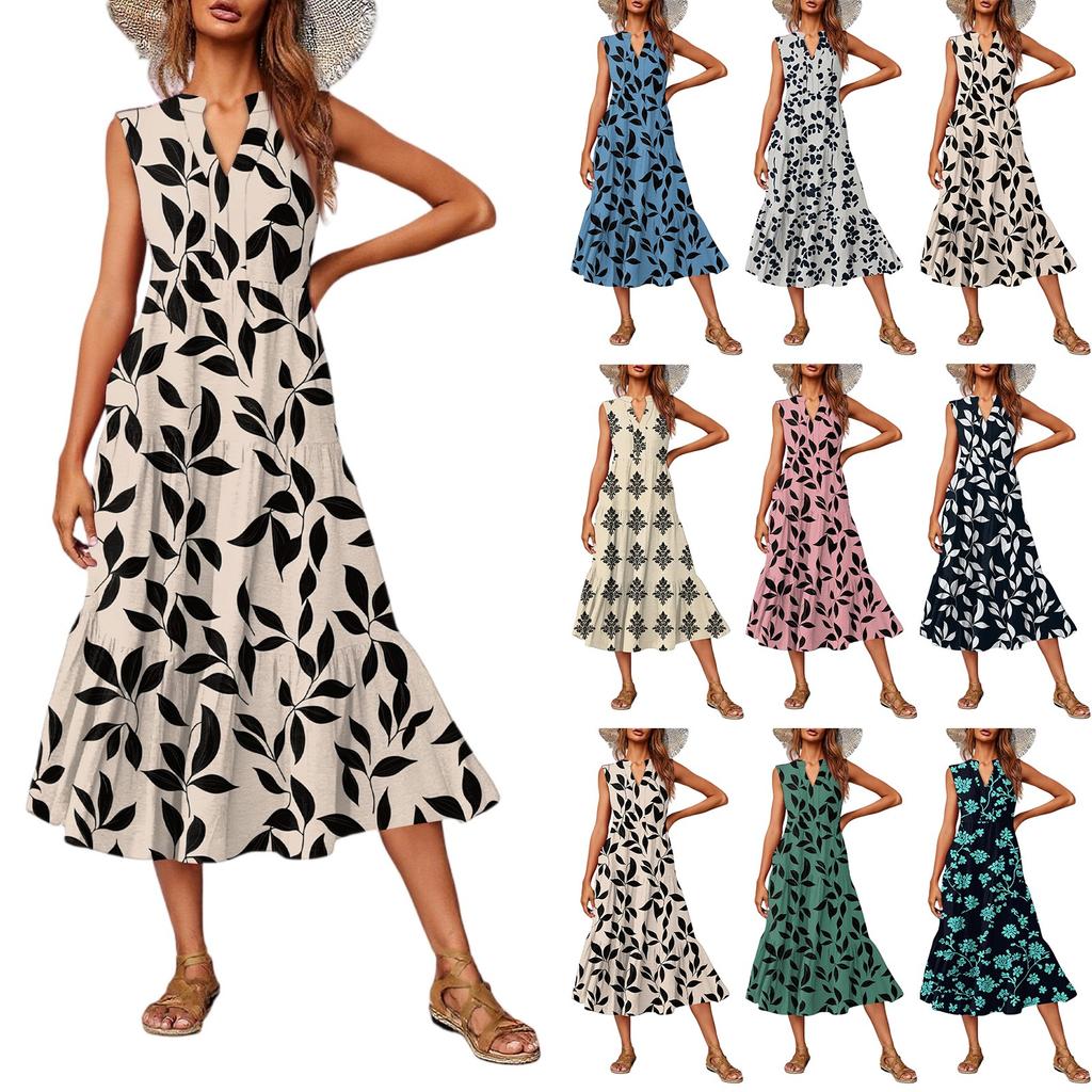Women's Casual And Fashionable V-neck Sleeveless Printing Mid Length Dress