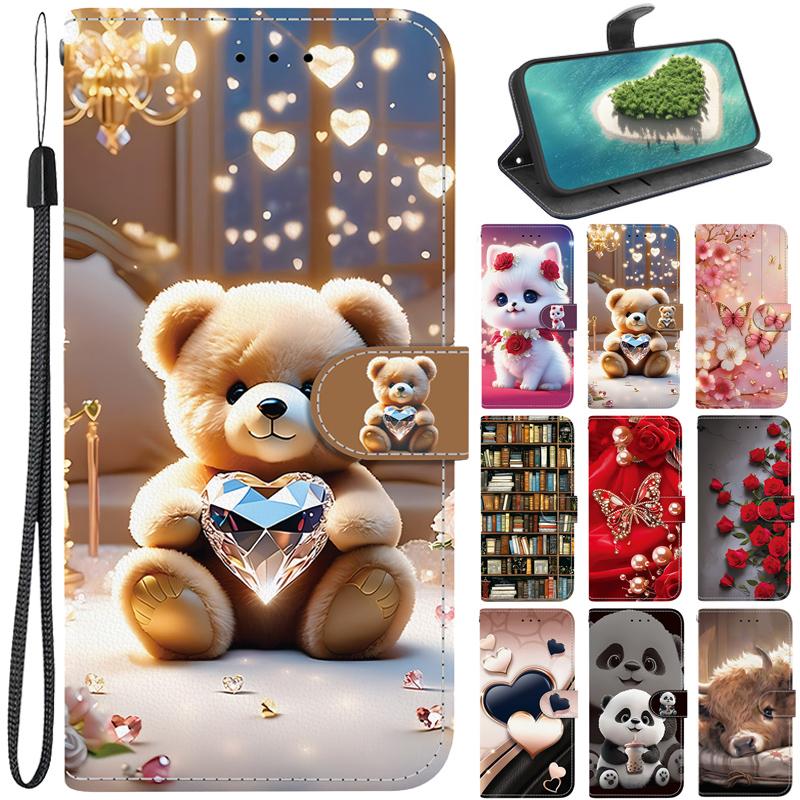Чехол Note15/Note14Pro+ Кот Медведь для Redmi 15C 14C 13C A5 A3 Note 15 14 13 Pro Plus 5G 4G Чехол Кошелек Флип Подставка Задняя Крышка Ремешок