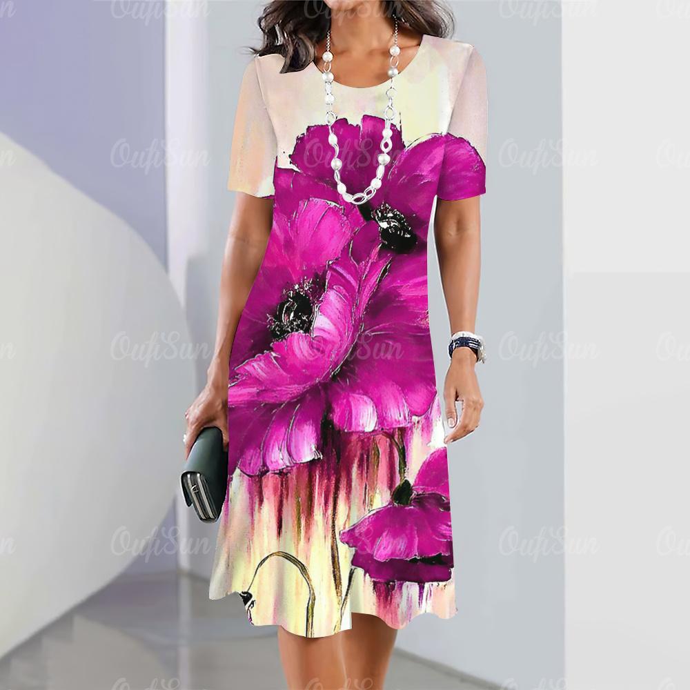 2024 New Women's Dresses Floral Printed Summer Luxury Midi Dresses Feamle Short Sleeve Dress Fashion Oversized Clothes
