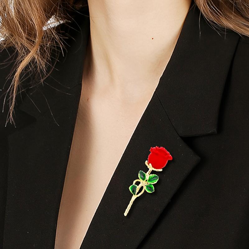 [Red Rose Brooch] Elegant Red Rose Alloy Brooch with Green Leaves | Chic Collar Pin for Dresses, Sweaters & Coats | Perfect Gift for Birthdays, Mother