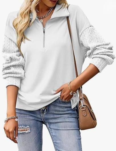 Cross-border Amazon European and American women's clothing casual shoulder sweater autumn loose long-sleeved splicing semi-zipper top spot