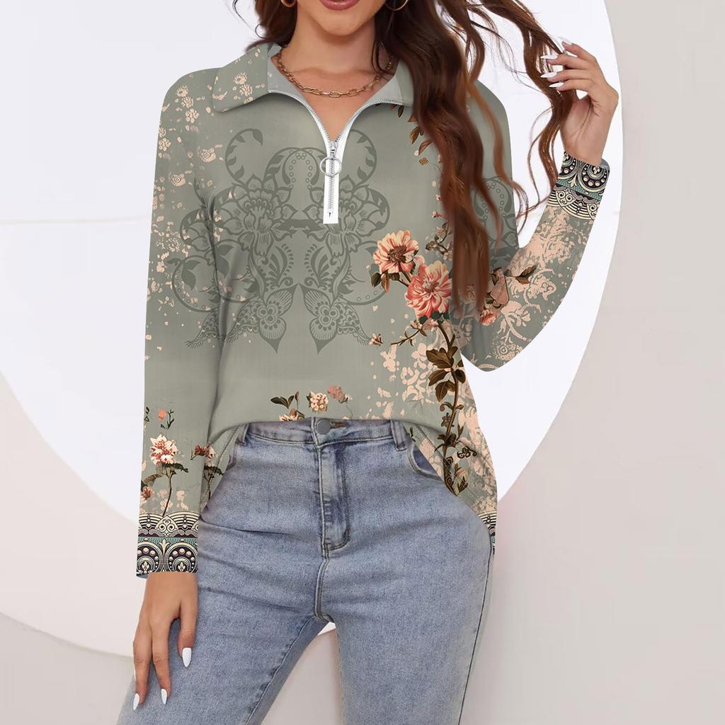 Women's Spring And Autumn Fashion Casual Printed Zipper V-Neck Long Sleeve Shirt Tops