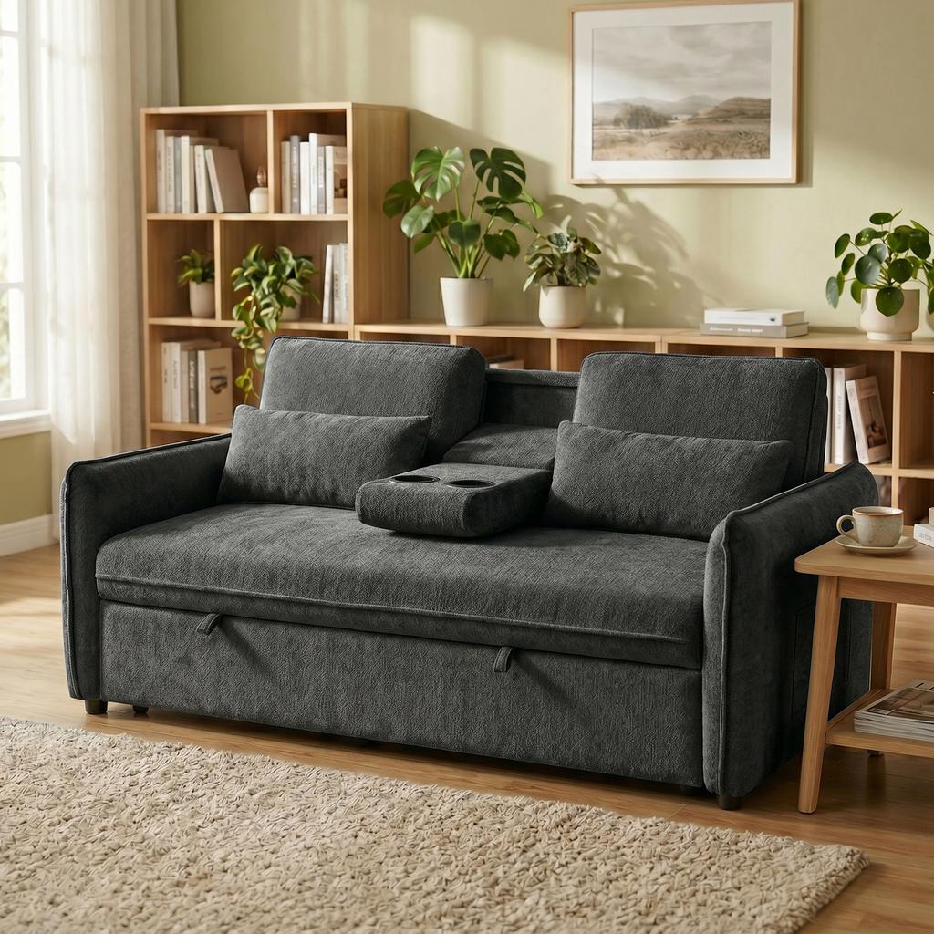 Sofa Bed, 2-Seater 3-in-1, Side Table, Cup Holder, Adjustable Backrest, 2 Pillows, Dark Grey