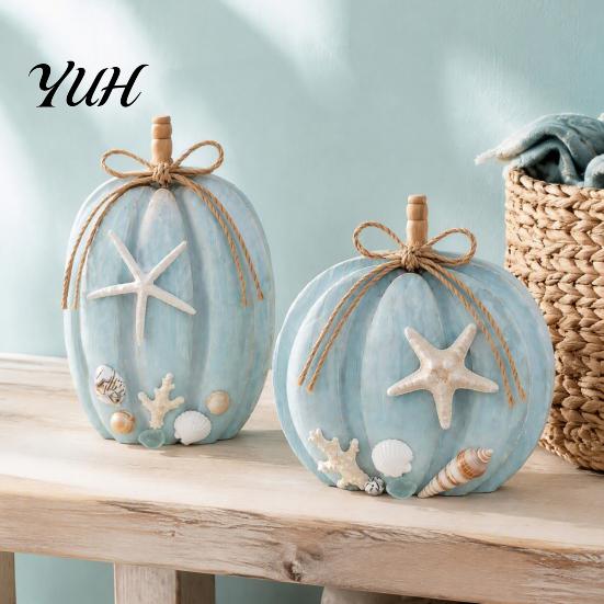 Modern Autumn Tabletop Decorations 2Pcs 2D Flat Coastal Pumpkin Ornaments, Wooden Ocean Theme Thanksgiving Table Decor Decoration with Starfish