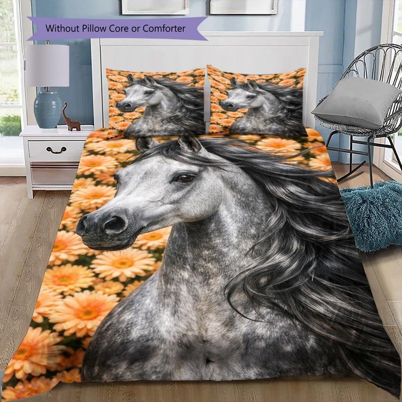 Watercolor White Horse 3Pcs Bedding Set, Duvet Cover with 2 Pillowcases, Horse Bed Linens, No Comforter No Pillow Core