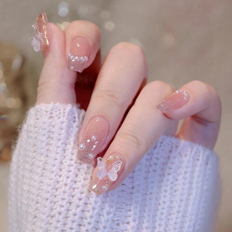 Medium-Long Gradient French White Removable Fake Nail Stickers