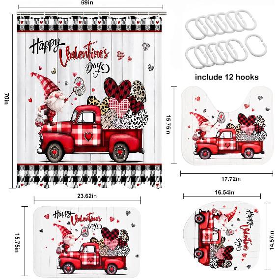 Likiyol Valentines Day Shower Curtain Sets with Rugs, Red Truck Gnome Valentines Bathroom Sets with Shower Curtain and Rugs, Buffalo Plaid Love Heart