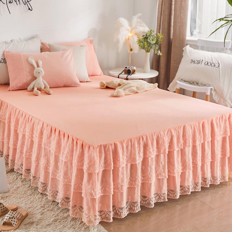 1pc Bed Skirt +2pcs Pillowcase King Queen Size Soft Sanding Fabric Bed Skirt Princess Romance Bedspread