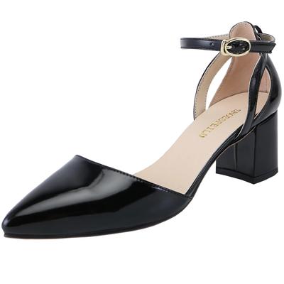 Женские сандалии Летние Сексуальные 5см Одиночные Рабочие OL Толстый Высокий Каблук Острый Носок Мелкий Вырез Повседневные Вечеринка Красное Платье Свадебная Обувь