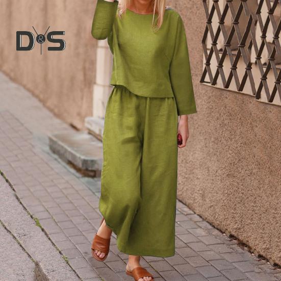 2 Pcs/Set Fall Spring Women Top Pants Set Long Sleeves Round Neck T-shirt Elastic Waist Trousers with Side Pockets OL Commuting Sport Pantsuit Outfit