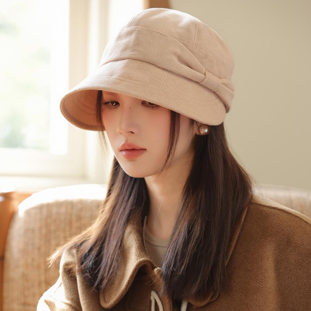 Hat women's autumn and winter bucket hat bow big head circumference big face suitable warm corduroy cap versatile
