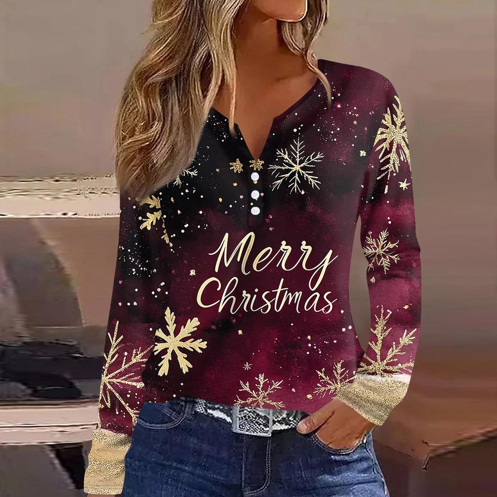 Женская футболка с рождественским принтом на пуговицах с длинным рукавом, повседневная, выходного дня, модная, базовая, с V-образным вырезом, обычная