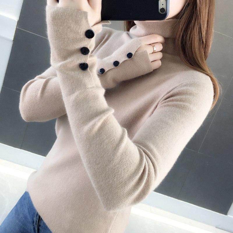 Женский осенний повседневный вязаный пуловер, свитер, воротник с ворсом, водолазка с длинными рукавами и пуговицами, тонкий внутренний однотонный цвет