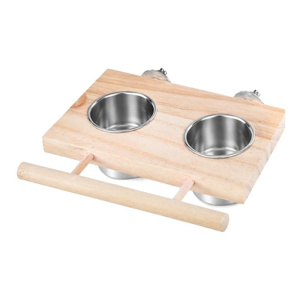 Double Bowl Bird Feeder Accessory Wooden Perch Stainless Steel Food Cup For Parakeets