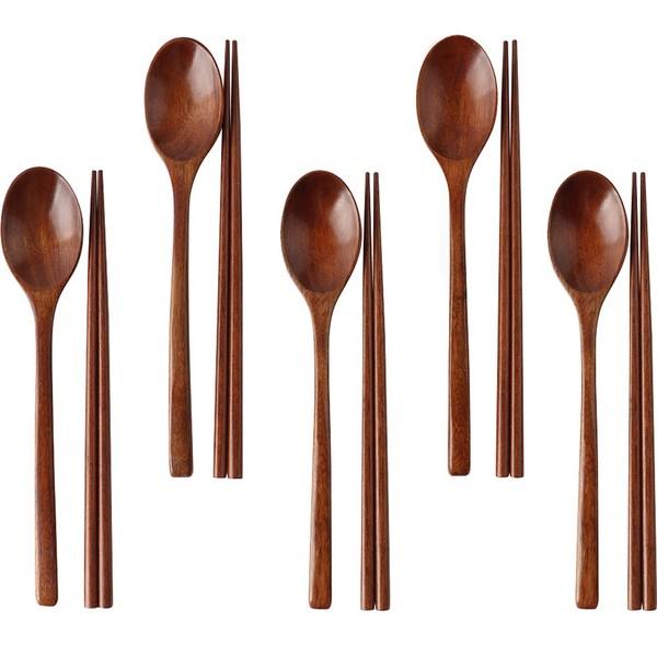 Iwai&Story Lacquered Spoon Set of 5, Brown Wood, Spoon 5p + Chopsticks 5p, Korean Popular Tableware