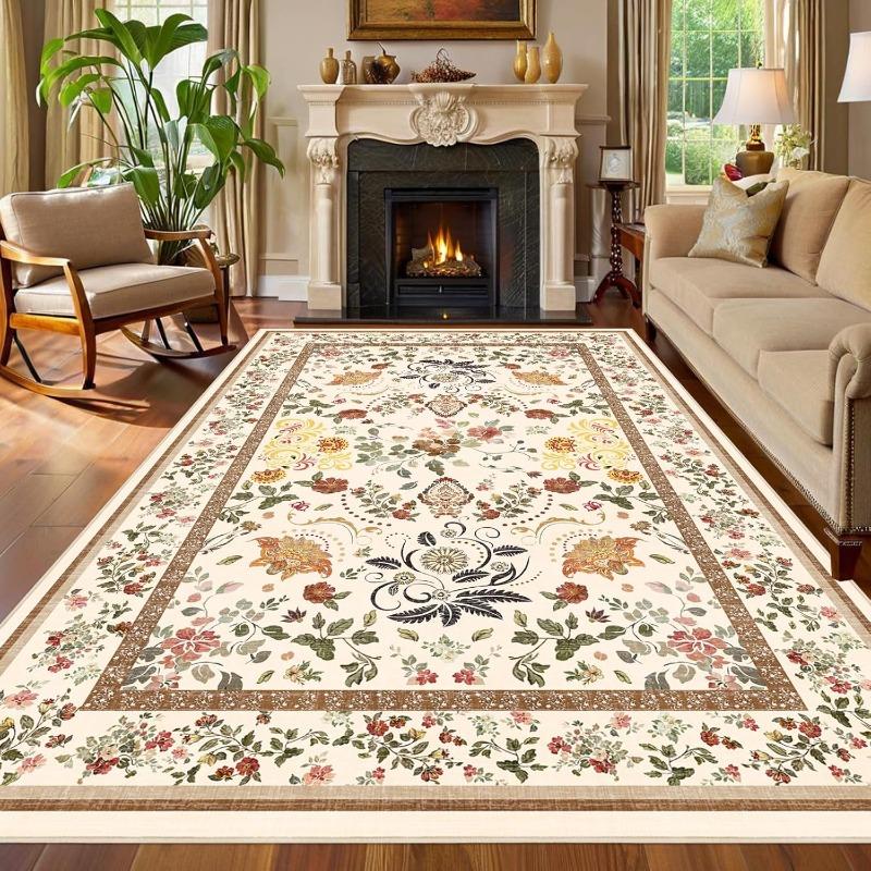 Бежевый Ковер для Гостиной с Цветочным Принтом в Богемном Стиле для Дивана и Кофейного Столика, Напольный Коврик, Складной, Машинная Стирка, Мягкий Прикроватный Коврик для Спальни